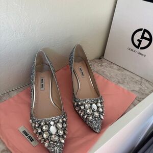 Miu Miu Silver Crystal & Pearl Pointed Flats